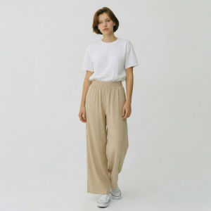 De La Cruz x Crafty Xpressions Elisia Soft Linen Pants in beige dark green turquoise tan. Wide-leg design high waist elastic waistband. Casual wear for warm weather. Summer Wide Leg Pants
