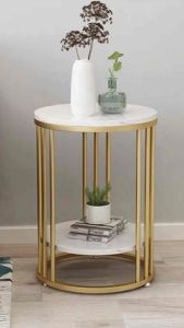 Kệ bàn góc Sofa phòng khách mặt đá tròn 2 tầng chân kim loại 3 nan BG-20 sang trọng hiện đại