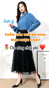 Chân Váy Xòe Dáng Dài 78cm Gắn Nơ Ngọc Vải Lụa Ren Nhập QC Mặc Được 2 Mặt Thời Trang Nữ Habis