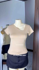 RAIHLY FULL LENGTH TOP DOUBLE LINING FRONT ONE SIDE NOTCHED Womenswear Lady Plain Comfortable Short Sleeve Basic Cotton Spandex Fit Casual Black