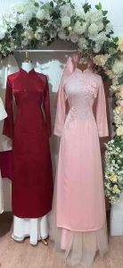 [ SẴN HÀNG - HOẢ TỐC 2H ] ÁO DÀI NỮ HỒNG GẤM KẾT HOA NỔI FROM TRUYỀN THỐNG MẶC ĐI TIỆC  CƯỚI HỎI  LỄ CHÙA