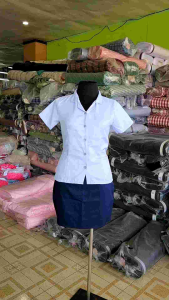 Joenel Brand Straight Cut Blouse With Pocket Peach Twill/ Navy Blue Pencil Skirt For School and Office Uniform