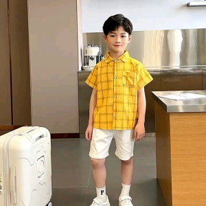 Boy shirt collar checkered kemeja lengan pendek budak lelaki corak petak cotton