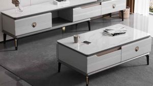 Bàn trà đơn Sofa phòng khách DYNAMES cốt gỗ MDF phủ sơn bệt kết hợp mặt kính hoặc đá và chân kim loại sang trọng BT-12