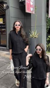 A1342 ชุดเซตเสื้อคอจีน + กางเกงขายาวลูกไม้พรีเมี่ยม สีดำ