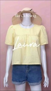 LAURA Roundneck PuffSleeves Shirred Ribbon Blouse Trendy Top for Women Korean BKKOutfit RIA Clothing