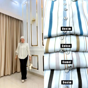 Atasan kemeja salur wanita terbaru bahan katun airflow tangan kancing w