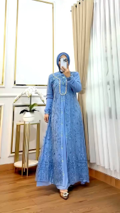 Gamis Muslim Wanita Dewasa Kekiniaan Terbaru 2025 Virall Dress Gamis Maudy Dress Bahan Ceruty Baby Doll Mix Brukat Garden Aplikasi Mutiara Payet + Swarovski Plus Renda Gamis Wanita Kekiniaan Koreaan Style
