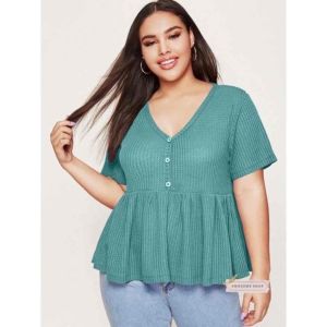 Awesome PLUS SIZE Waffle Knit Button Peplum Blouse 31120#