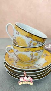 Cangkir Lepek Keramik Set Bulat Motif Chrysan Bunga Kuning Isi 12 Pcs