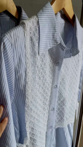 Blouse Wanita Salur Kombinasi Brukat Premium - Kemeja Tangan Panjang Motif Stripe - Kemeja Formal