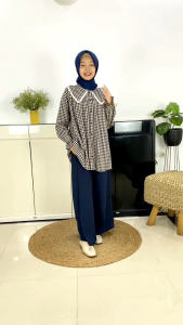 ONESET CELANA KULOT NEW CUTETRIK SERA WARNA NAVY KULOT BAHAN AIRFLOW JATUH OUTFIT REMAJA PEREMPUAN MUSLIMAH KEKINIAN ATASAN MOTIF KOTAK KANCING DEPAN