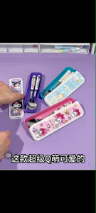 OHHDEER 2Pcs Cartoon Tableware Kawaii Kurumi Cinnamoroll Spoon Fork Cutlery Box Student Special Gift