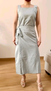 ●ECLAIRE● 063 Dress Midi Rami Sleeveless Tak Berlengan Square-neck Leher Persegi Kasual Casual Korea Santai Liburan Kerja Mode Modis Polos 1086