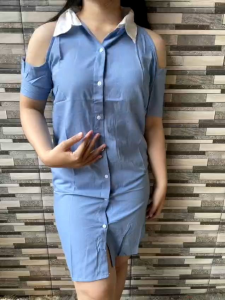 Dress Remaja Biru Model Kemeja Kerah Putih Terbaru Outfit Santai Modis Dami Ro