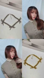 Pixie Triple Bow Beaded Necklace Kalung Ribbon Pita Coquette Tiga Beads Handmade Fashion