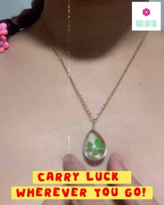 Four Leaf Dried Clover in Glass Pendant 24K Stainless Gold Non Tarnish Necklace Lucky Charm Jewelry Women Gift