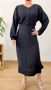 ●ECLAIRE● 02A Dress Midi Crincle Lengan Panjang Longsleeves Basic Polos Dasar Kasual Casual Korea Modis Kerja Mode Kantor Santai Aqila