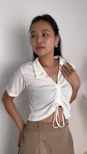 VELLA Baju Atasan Wanita - Atasan Berkerah Wanita - Polo Tali Serut Wanita - Casual Crop Top - Rib Crop Top - Crop Top Rajut Tali Serut - Knit Top
