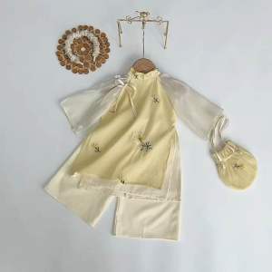 (4-64kg) Áo Dài Cách Tân Tơ Vàng Thêu NHÍM XÙ KIDS Cho Bé Gái 6tháng 1 Tuổi Đến 8 Tuổi AD146