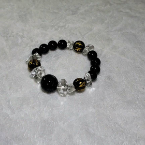 Gegegems Creation 16mm Black Obsidian Longevity 14mm Smoky Quartz Om Mani Padme Hum 10mm Black Tourmaline & 14.5mm Clear Quartz bracelet