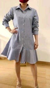 ●ECLAIRE● 063 Dress Mini Kerah Kemeja Lengan Panjang Longsleeves Motif Salur Stripe Garis-garis Korea Kasual Casual Kerja Kantor Mode