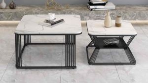 Bàn trà đôi Sofa phòng khách mặt đá vuông chân kim loại sơn tĩnh điện 5 nan sang trọng hiện đại (bàn nhỏ có ngăn)