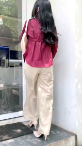 Kemeja Wanita Lengan Panjang Garis Garis Slim Fit Kemeja Kerja Fitted Shirt