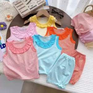 (6-18kg) Bộ ba lỗ sọc dệt Visco thun lạnh Minly Baby dáng cổ bèo quần bí điệu đà cho bé gái