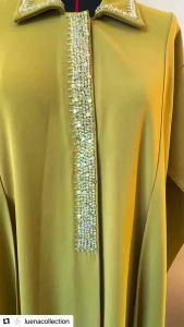 Dubai Abaya in Rich Pistachio Olive Tone with Crystal Embellishments & Soft Graceful Drape for Refined Modern Look