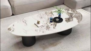 Bàn trà đơn Sofa phòng khách mặt đá hình học BEAN với chân kim loại trụ tròn sơn tĩnh điện sang trọng BT-42