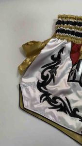 Ram Lumpini Satin Muay Thai Fight Shorts White Gold with Gold Ribbons Large