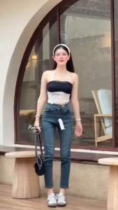 🛍️ยีนส์สาวอวบ ทรงบอยงานผ้ายืดตามตัวทรงสวยเอวสูง เก็บพุงและหน้าท้องได้ดี