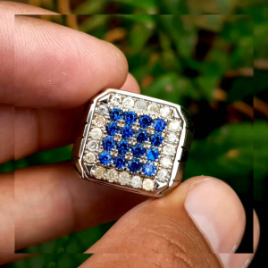 Cincin Perak Handmade Natural Berlian Motif Stempel & Natural Blue Sapphire