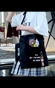 Korean Style Cute Cartoon Crossbody Backpack Shoulder Tote Large Capacity Multifunctional Canvas Bag With Pencil Case