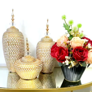 Guci Vas Satu set Keramik Gold Emas Putih Mewah Import  Dekorasi Rumah
