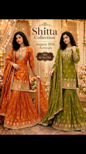 [ PRE-ORDER] 2026 AUG BOLLYWOOD EMBROIDERED SHARARA SUIT WITH DUPATTA | HEAVY EMBROIDERY FESTIVE WEAR | RUST ORANGE & OLIVE GREEN | SIZE M-2XL ( DELIVERY 10 WORKING DAYS) ETA: 2026-12-30 | WOMEN INDIAN EMBROIDERY SUIT WITH SHARARA PANTS M-2XL