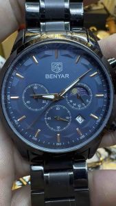 Đồng hồ nam hiệu BENYAR QUARTZmáy nội địa Trung size 44mm mặt đen ánh xanh chạy full 3 cốt 6kim chronograph1 lịch 31 ngày dây thép không gỉ khóa zin chuẩn hãng độ dài 175cm