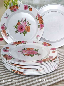 piring makan bulat besar 10inc ceper motif bunga prasmanan saji serbaguna gratis 1 sendok