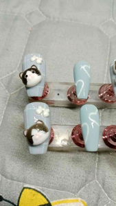 เล็บปลอมสีฟ้าพลาสเทวลายแมว มีกาวตะไบแถม