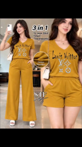 3 in 1 Classy Terno Set t-shirt shorts and Wideleg Pants with both pocket-Spandex fabric