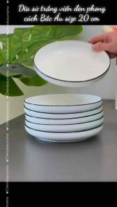 Dĩa Sứ Tròn Viền Đen 8 inch ~ 20.5cm – Đĩa Sứ Cao Cấp Tối Giản Ăn Cơm Salad Món Âu Nhật Hàn.