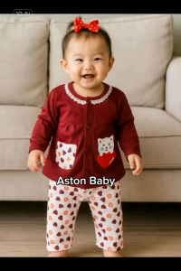 Set Baju Celana Bayi Perempuan Sehari-hari / Piyama Anak Perempuan / Baju Tidur Bayi Perempuan Lengan Panjang Kancing Depan 3-18 Bulan Motif Lucu Cat Love