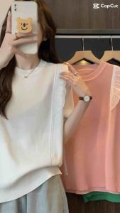 Áo Dệt Kim Mongtoghi Form Rộng Tay Ngắn Cố Tròn Viền Bèo Hai Bên Thời Trang Hàn Quốc