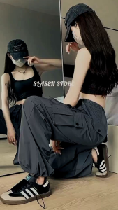 SLASEN - Celana Cargo Pants Wanita Highwaist Loose Korean Style/Celana Panjang Cargo Jogger Tali Serut 2025