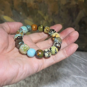 13mm+ Premium natural untreated Hubei Turquoise "Tang Sancai" traditional old style beads bracelet [Natural Crystal] 精品天然原矿湖北松石唐三彩老型珠手链