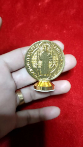St. Benedict Miraculous Medal Gold Adhesive Stand for Cars/Altars Protection Against Evil 1.75x2.25