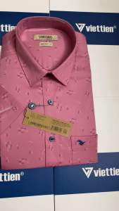 (6P0079) Áo sơ mi Việt Tiến tay ngắn vạt ngang màu hồng form regular fit hơi ôm vải 100% cotton