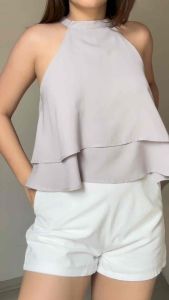 MARIAN Key Hole Back Halter Neck Double Layer Casual Blouse.