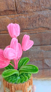 หัวใจสีชมพู ทำจากลวดกำมะหยี่ใส่กระถาง